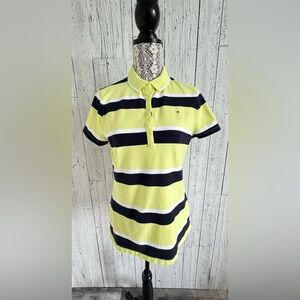 Tommy Hilfiger Button Up Polo, Bright Yellow, Navy and White 90’s Style EUC Sz L